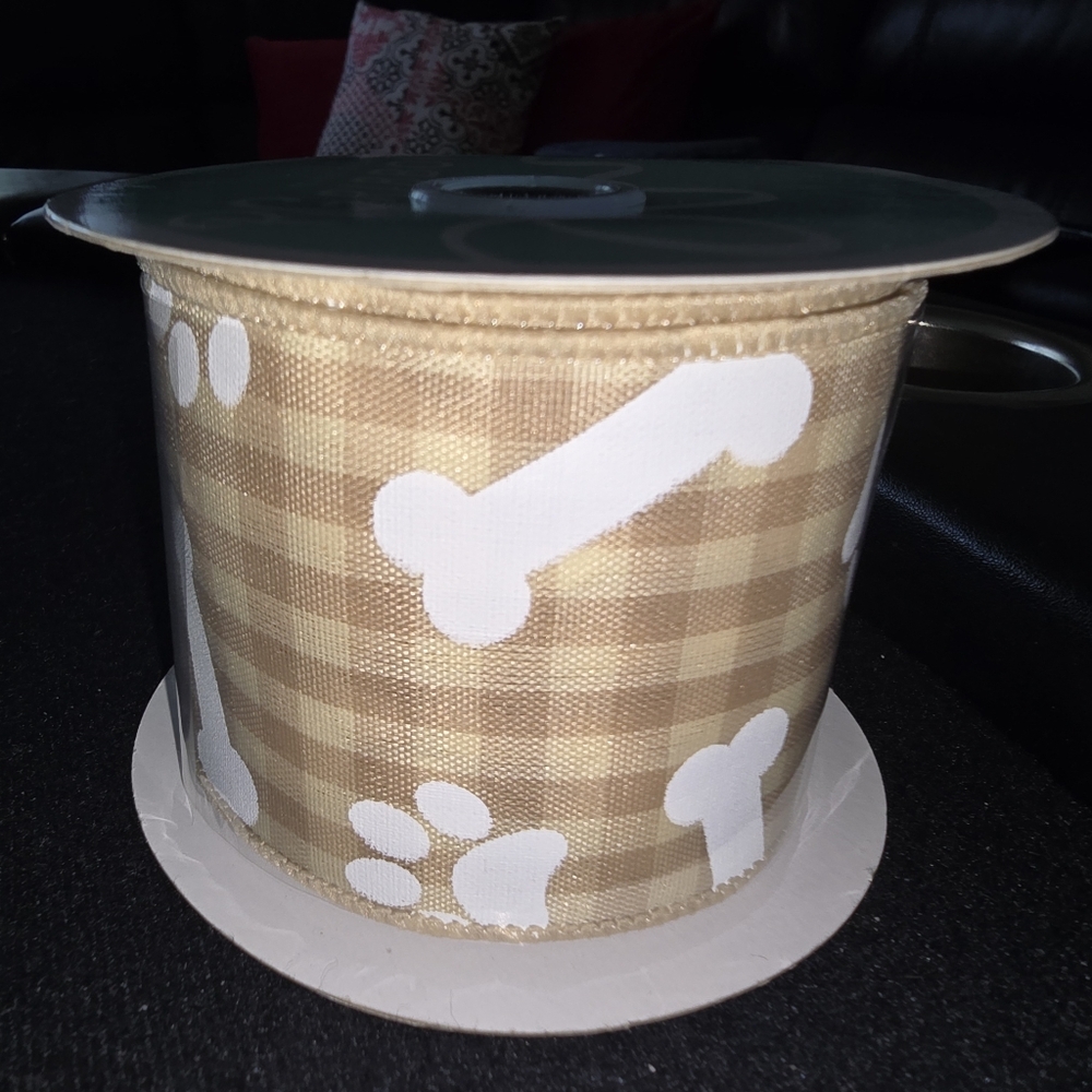 Tan Gingham Ribbon with White Bone and Paw Print